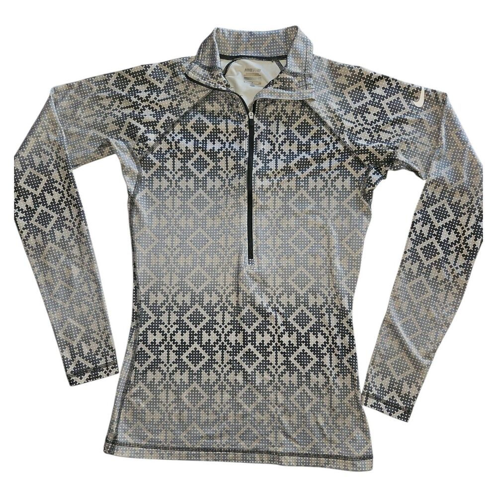 Nike Pro Half Zip Pull Over Size S Gray White Digital Geometric Print Running
